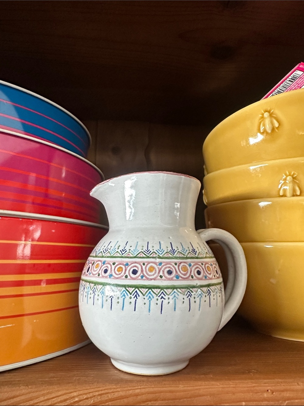 Hand-Painted Ceramic Pitcher in White with Multicolor Accents Signed